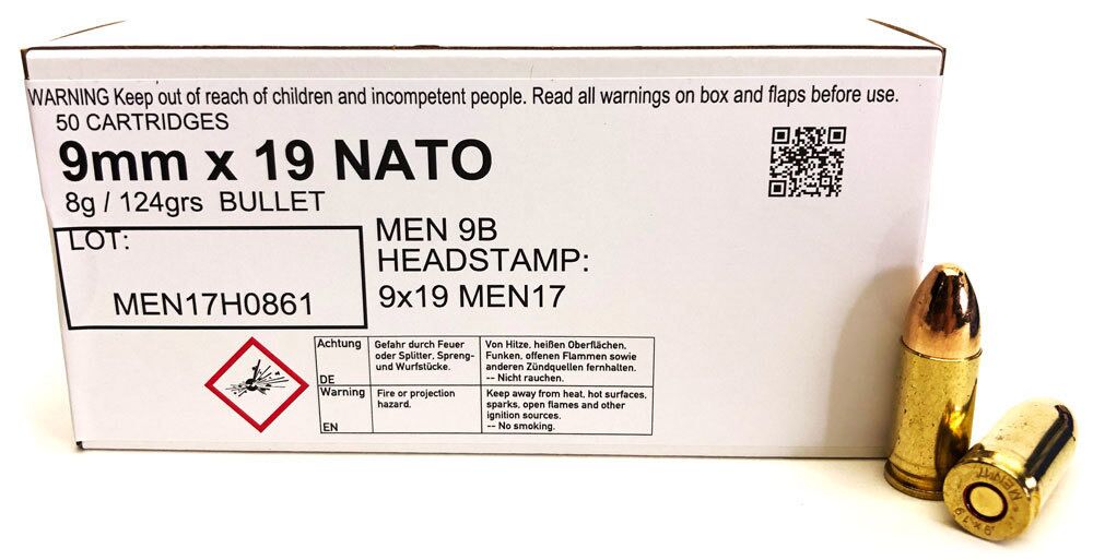 Bos of 9mm x 19 NATO ammunition with two rounds beside it