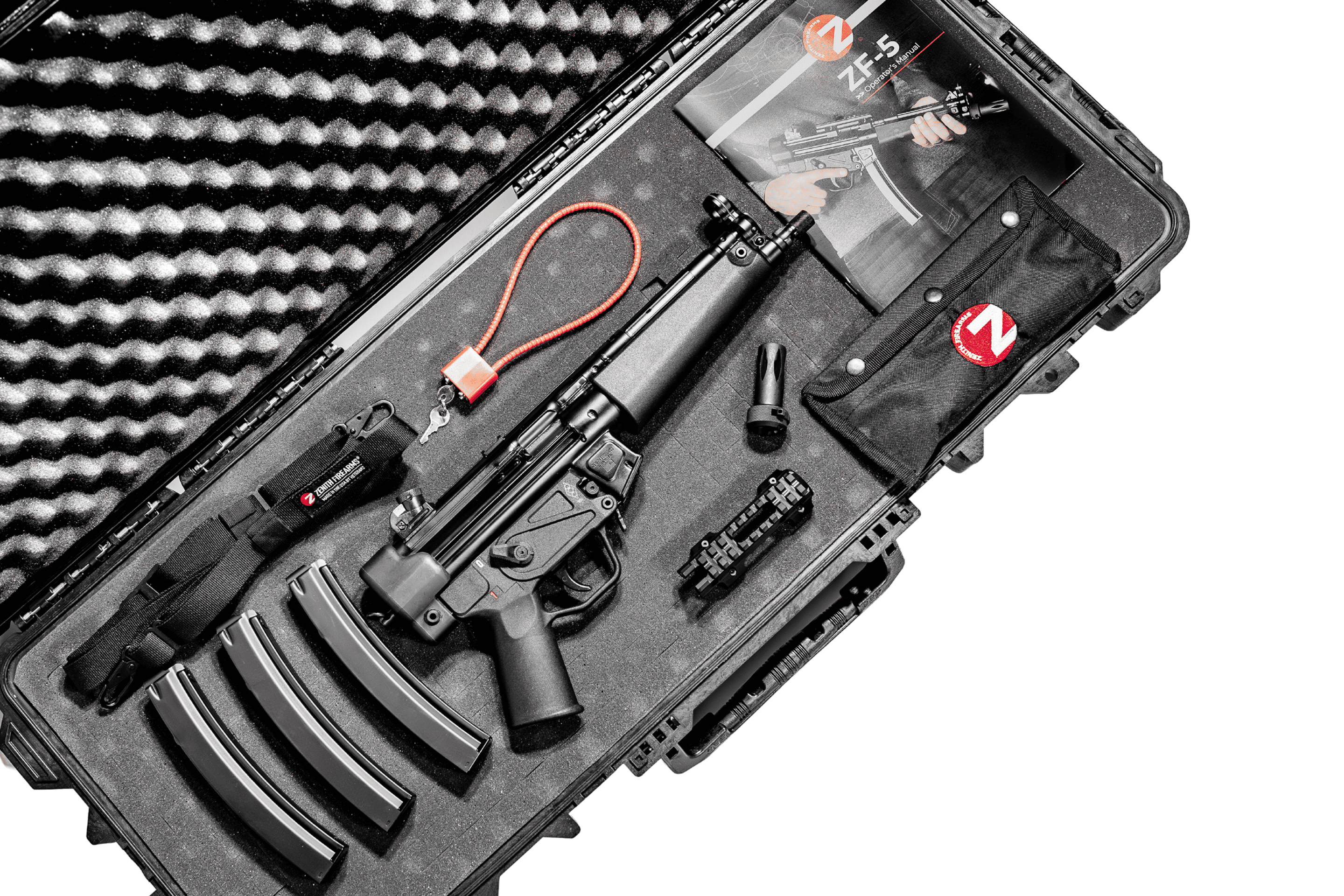 ZF-5 Premium Package by Zenith Firearms – MP5-style 9mm PDW semi-automatic roller-delayed firearm with hard case, 3 magazines, 2-point sling, picatinny rail, flash hider, cleaning kit, and user manual