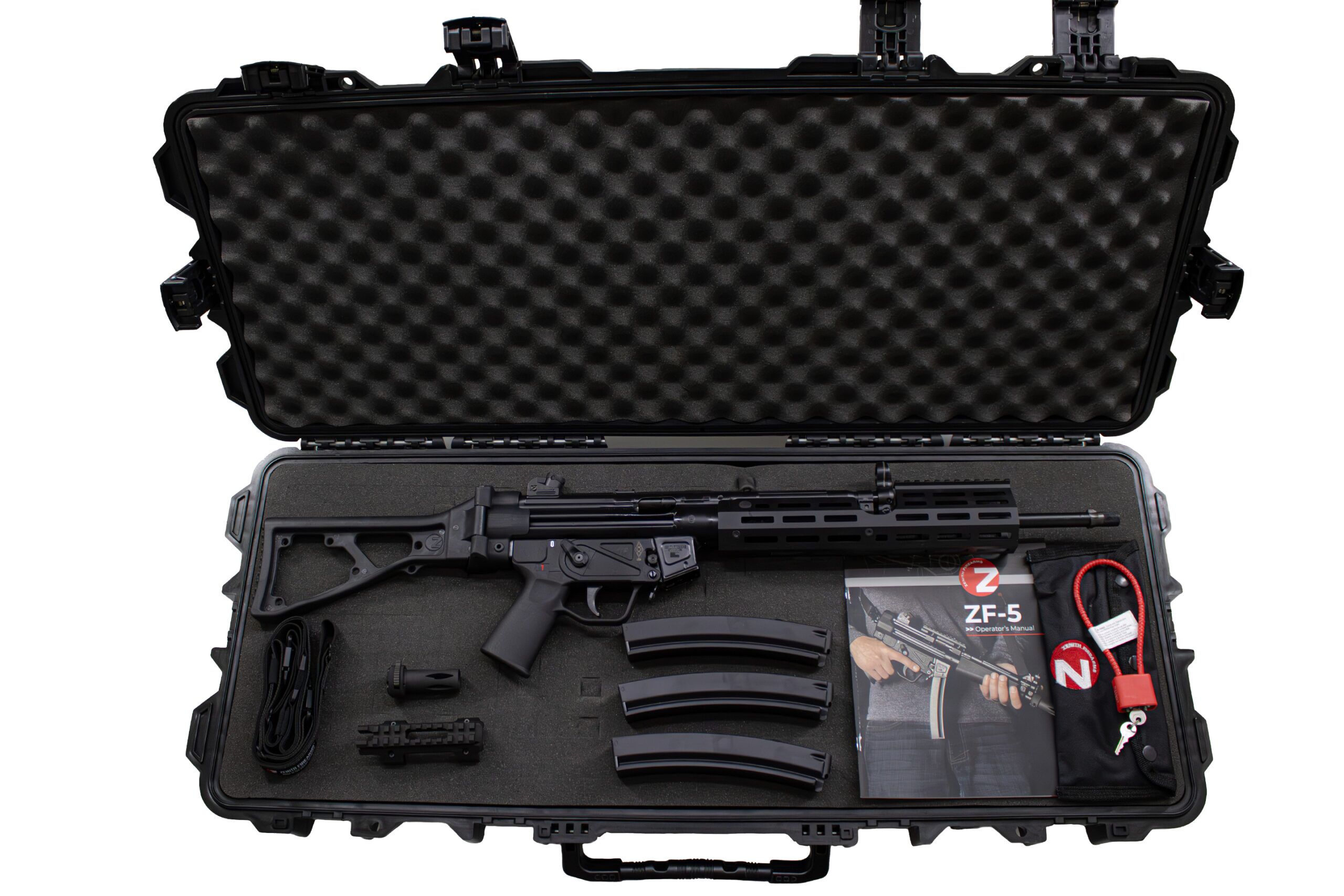 ZF-5L Premium Package with M-LOK Handguard by Zenith Firearms – MP5-style 9mm semi-automatic roller-delayed firearm with hard case, M-LOK handguard, 3 magazines, 2-point sling, picatinny rail, flash hider, cleaning kit, and user manual