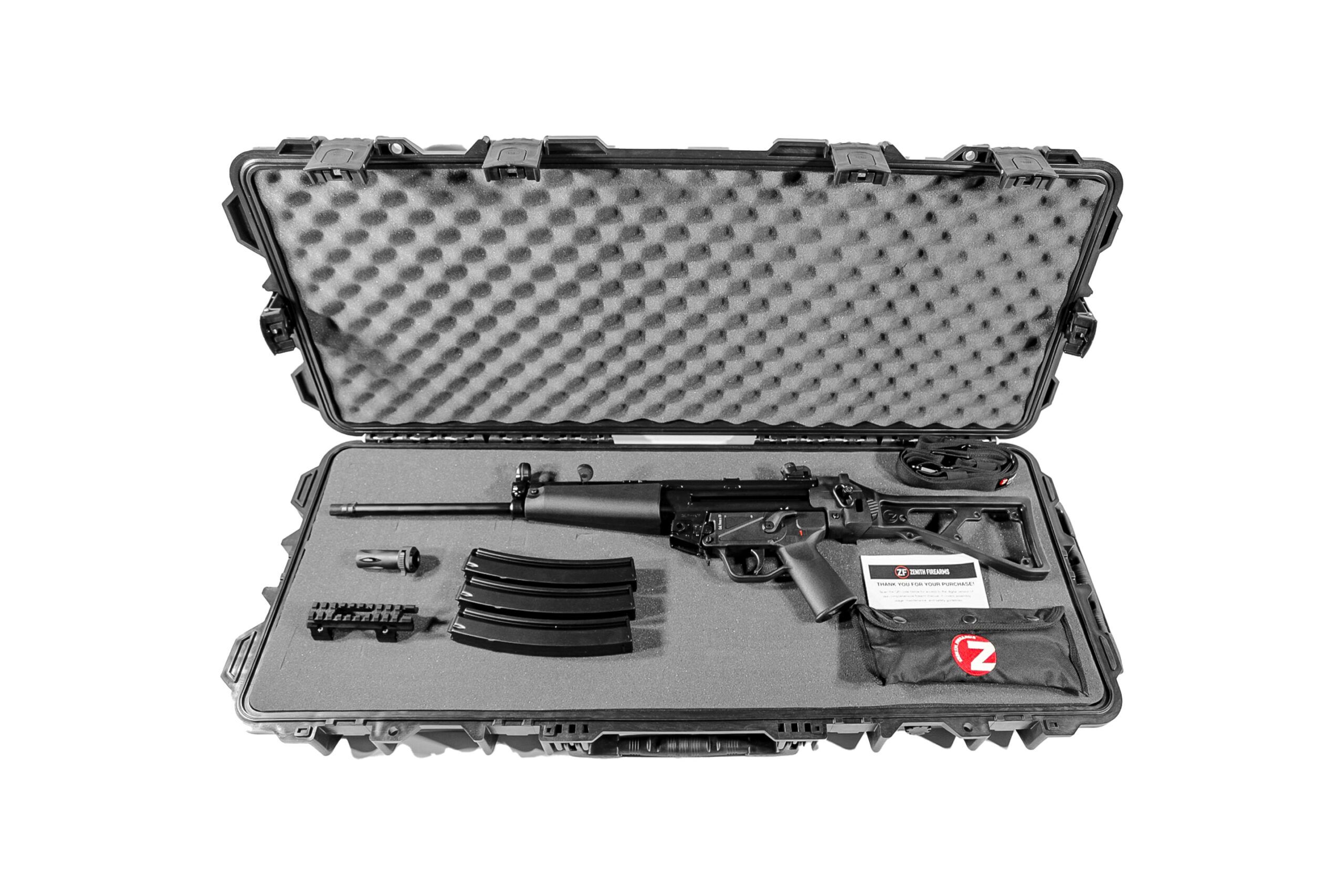 ZF-5L Premium Package by Zenith Firearms – MP5-style 9mm semi-automatic roller-delayed firearm with hard case, 3 magazines, 2-point sling, picatinny rail, flash hider, cleaning kit, and user manual
