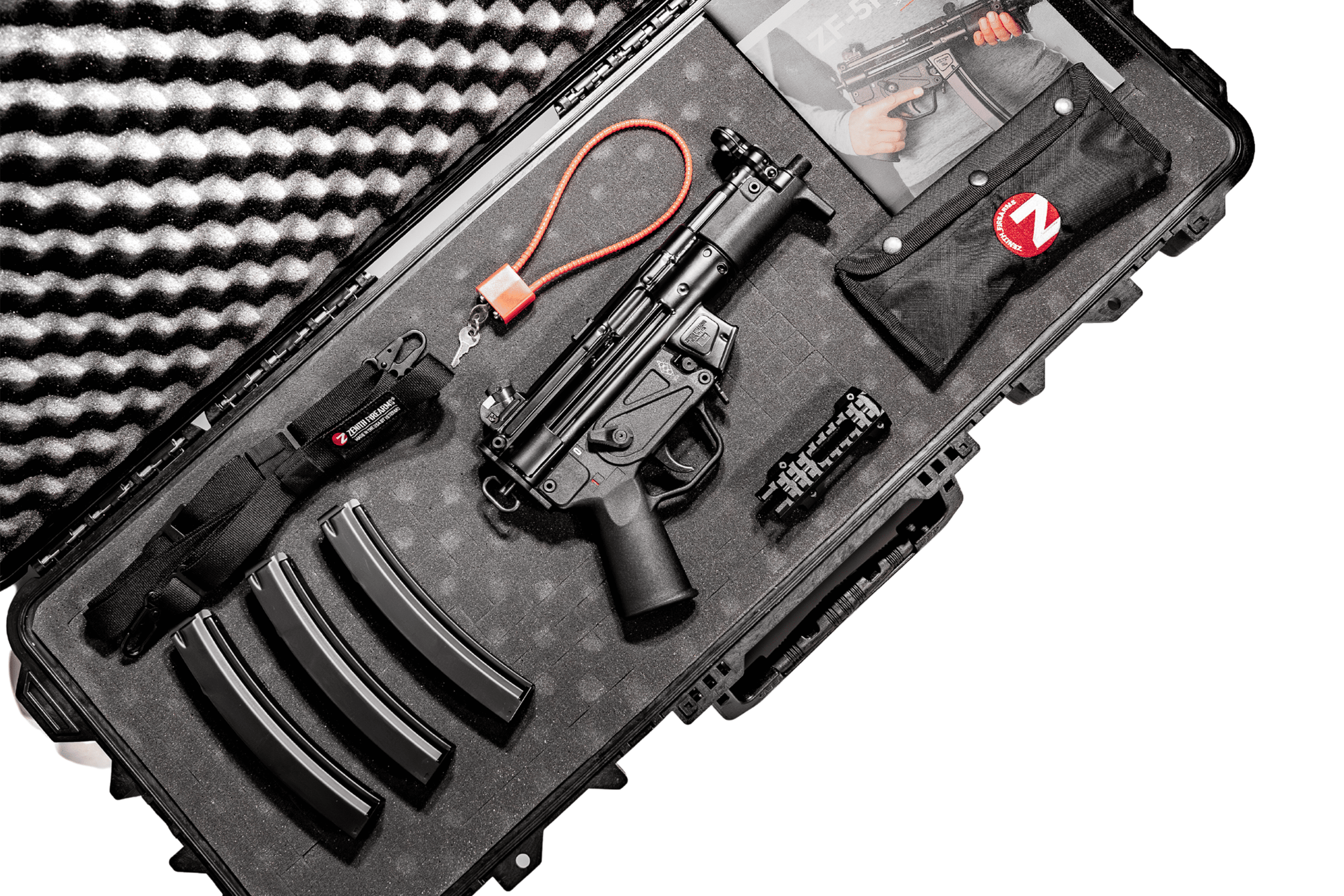 ZF5-T Premium Package by Zenith Firearms – MP5-style 9mm PDW semi-automatic roller-delayed firearm with hard case, 3 magazines, 2-point sling, picatinny rail, flash hider, cleaning kit, and user manual