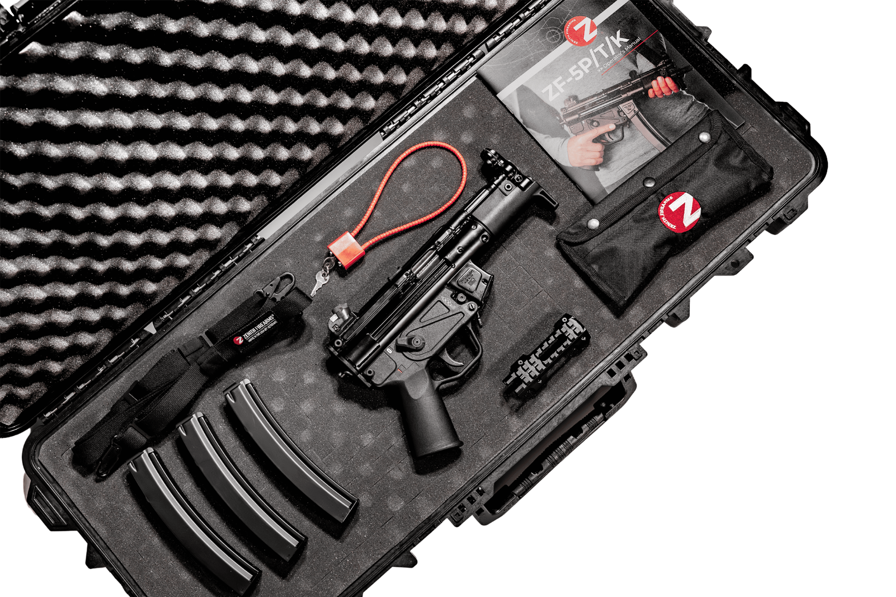 ZF5-K Premium Package by Zenith Firearms – MP5-style 9mm PDW semi-automatic roller-delayed firearm with hard case, 3 magazines, 2-point sling, picatinny rail, cleaning kit, and user manual