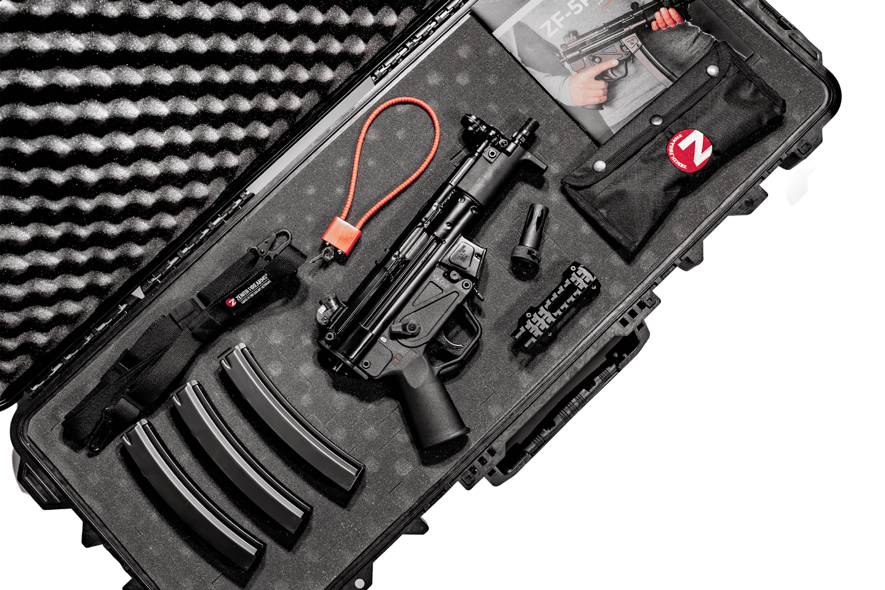ZF5-P Premium Package by Zenith Firearms – MP5-style 9mm PDW semi-automatic roller-delayed firearm with hard case, 3 magazines, 2-point sling, Picatinny rail, flash hider, cleaning kit, and user manual